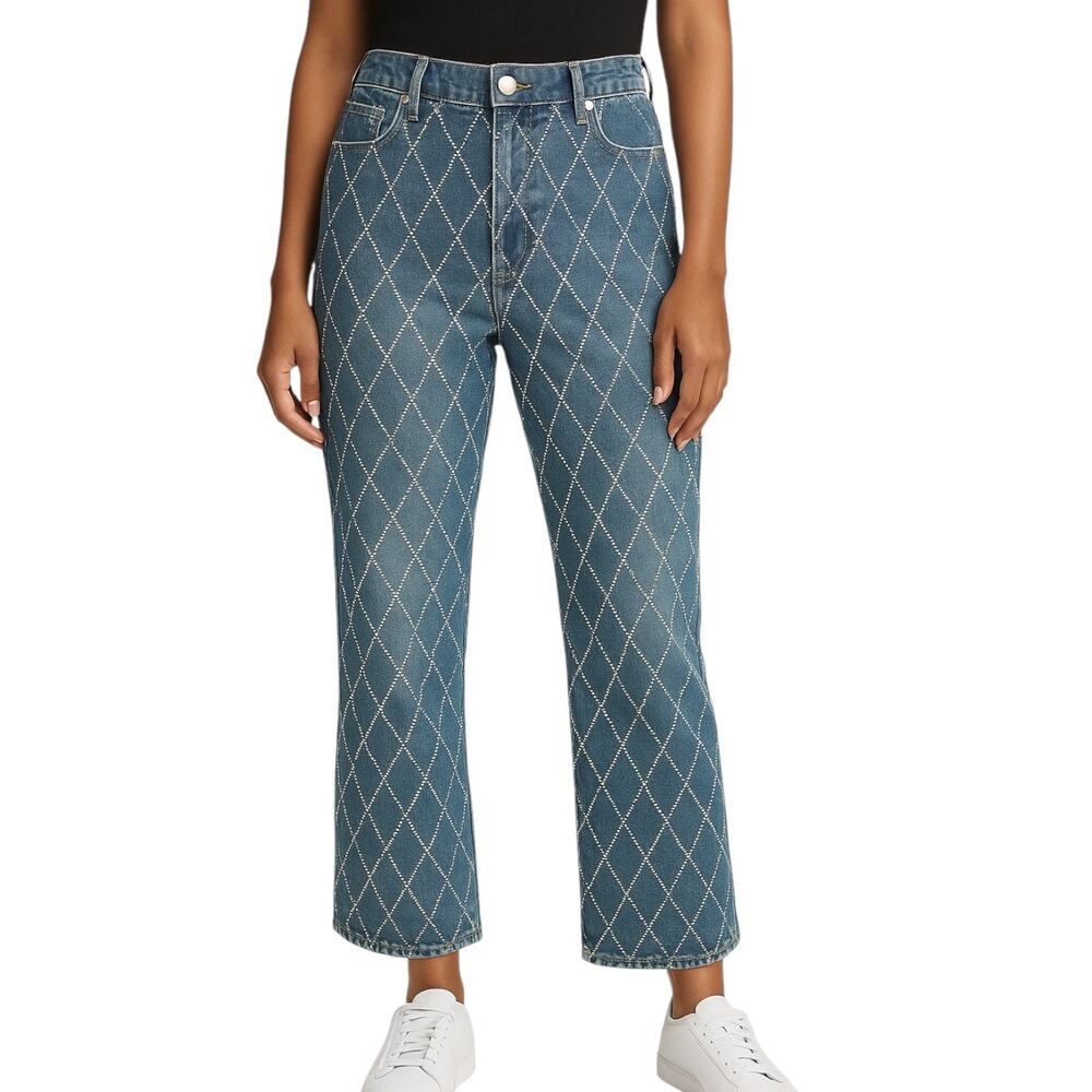 Zara Blue Straight Leg Jeans with White and Diamond rhinestones bling Stitching